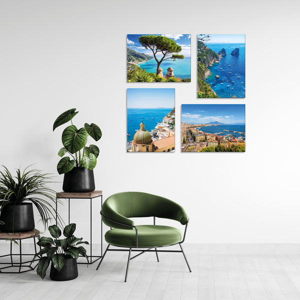 Quadri Stampa su Tela con Telaio in Legno 4 pezzi Costiera Amalfitana, Ravello, Positano