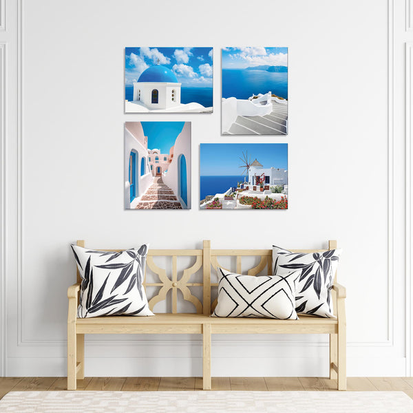 Quadri Stampa su Tela con Telaio in Legno 4 pezzi Santorini Grecia