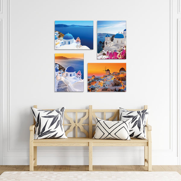 Quadri Stampa su Tela con Telaio in Legno 4 pezzi Panorama Santorini Grecia