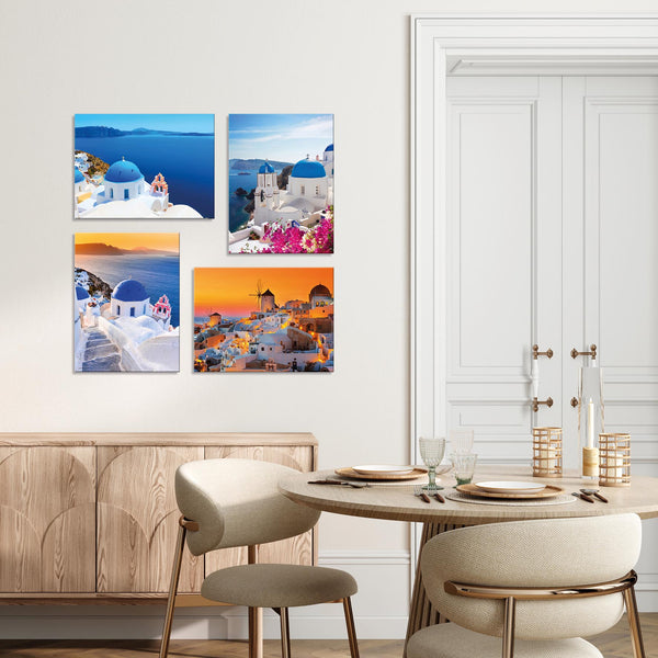 Quadri Stampa su Tela con Telaio in Legno 4 pezzi Panorama Santorini Grecia