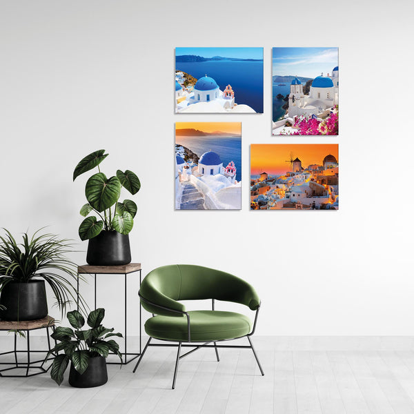 Quadri Stampa su Tela con Telaio in Legno 4 pezzi Panorama Santorini Grecia