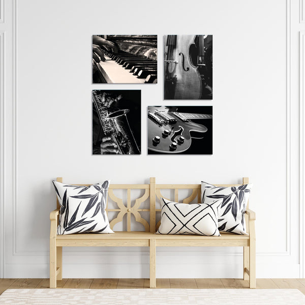 Quadri Stampa su Tela con Telaio in Legno 4 pezzi Strumenti musicali vintage in bianco e nero