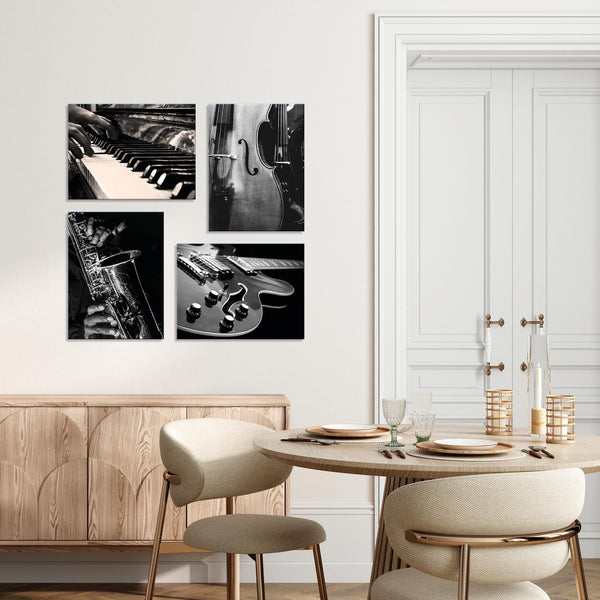 Quadri Stampa su Tela con Telaio in Legno 4 pezzi Strumenti musicali vintage in bianco e nero