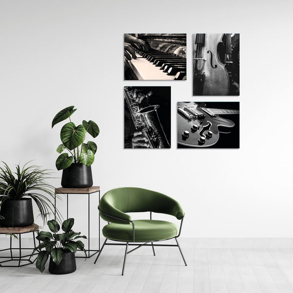 Quadri Stampa su Tela con Telaio in Legno 4 pezzi Strumenti musicali vintage in bianco e nero