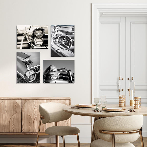 Quadri Stampa su Tela con Telaio in Legno 4 pezzi Auto vintage in bianco e nero