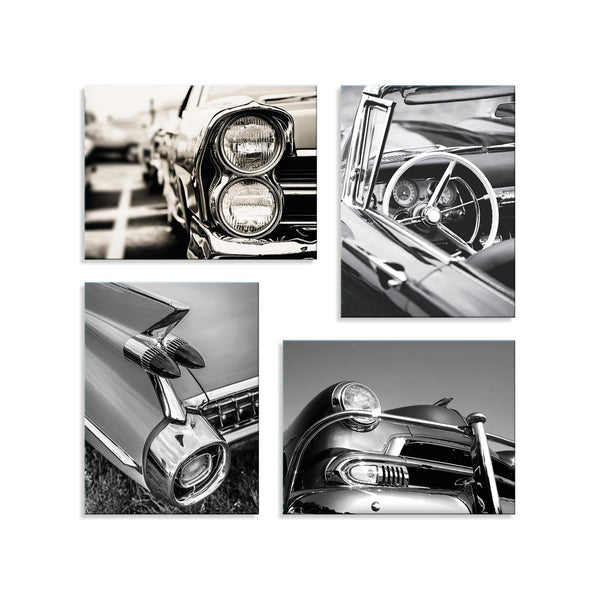 Quadri Stampa su Tela con Telaio in Legno 4 pezzi Auto vintage in bianco e nero