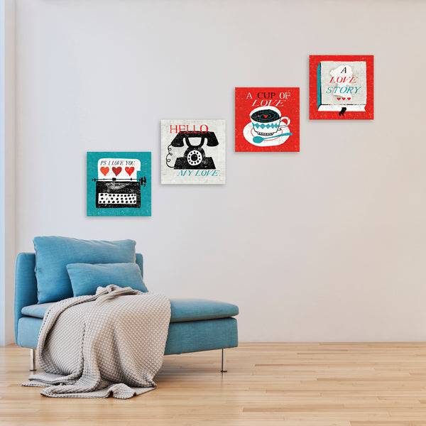 Quadri Stampa su Tela con Telaio in Legno 4 pezzi Love retrò