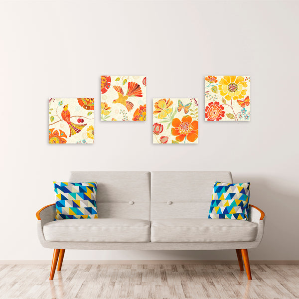 Quadri Stampa su Tela con Telaio in Legno 4 pezzi Uccellini, fiori e farfalle in stile elegante