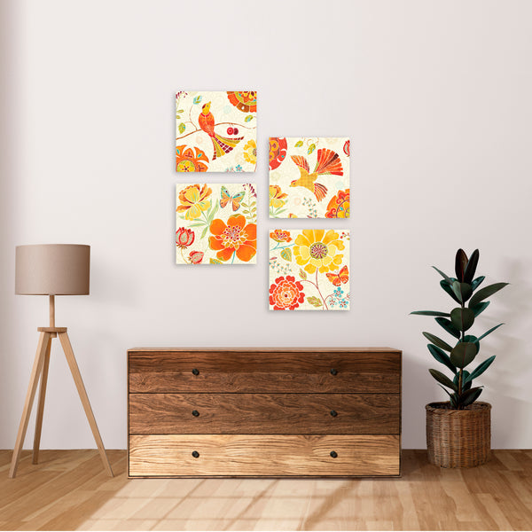 Quadri Stampa su Tela con Telaio in Legno 4 pezzi Uccellini, fiori e farfalle in stile elegante