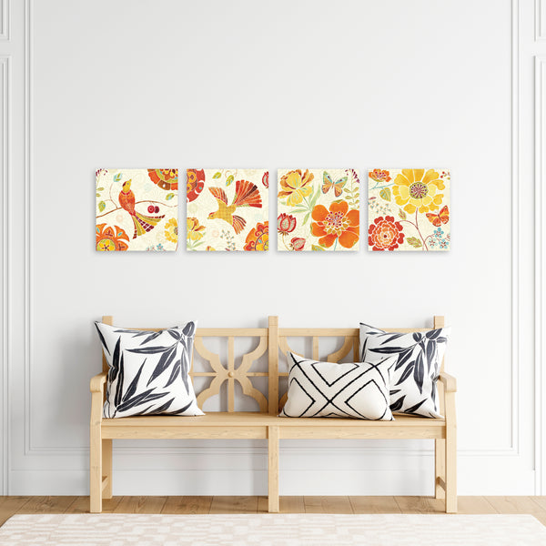 Quadri Stampa su Tela con Telaio in Legno 4 pezzi Uccellini, fiori e farfalle in stile elegante