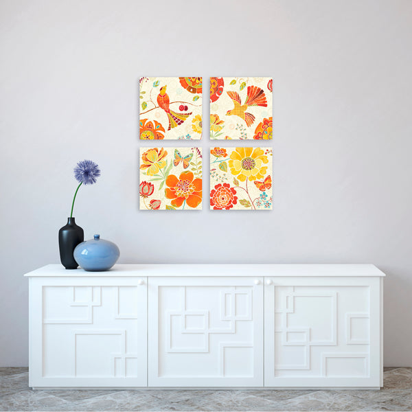 Quadri Stampa su Tela con Telaio in Legno 4 pezzi Uccellini, fiori e farfalle in stile elegante