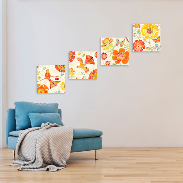 Quadri Stampa su Tela con Telaio in Legno 4 pezzi Uccellini, fiori e farfalle in stile elegante