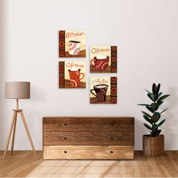 Quadri Stampa su Tela con Telaio in Legno 4 pezzi Coffee Time, Caffè, Cappuccino