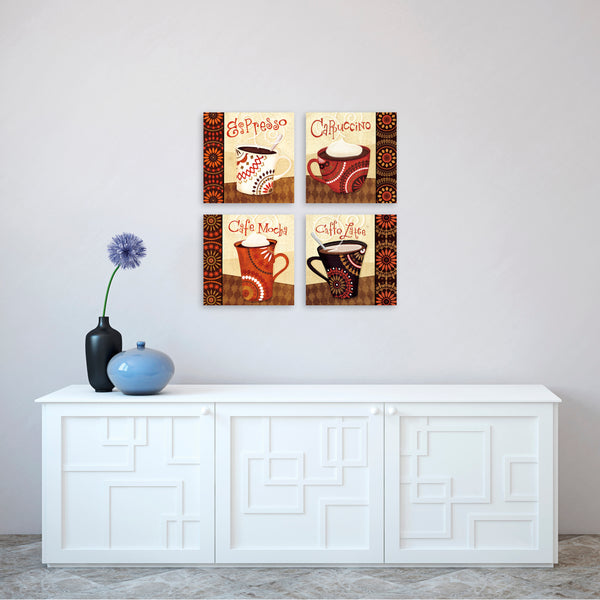 Quadri Stampa su Tela con Telaio in Legno 4 pezzi Coffee Time, Caffè, Cappuccino