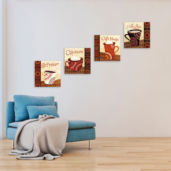 Quadri Stampa su Tela con Telaio in Legno 4 pezzi Coffee Time, Caffè, Cappuccino