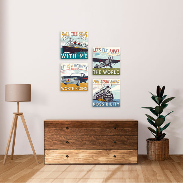 Quadri Stampa su Tela con Telaio in Legno 4 pezzi Stile vintage, Auto, Treno, Aereo, Nave