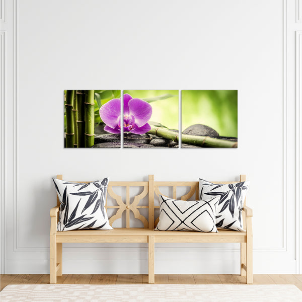 Quadri Stampa su Tela con Telaio in Legno 3 pezzi Giardino Zen con fiore
