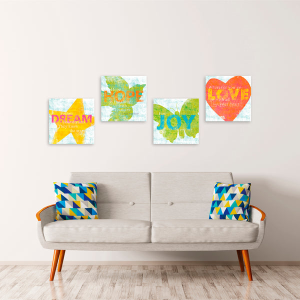 Quadri Stampa su Tela con Telaio in Legno 4 pezzi Frasi positive, Love, Hope, Joy, Dream