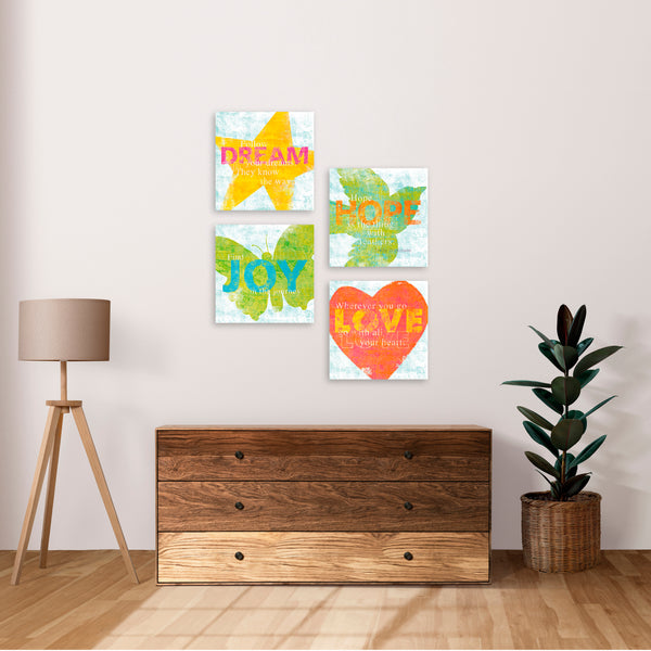 Quadri Stampa su Tela con Telaio in Legno 4 pezzi Frasi positive, Love, Hope, Joy, Dream
