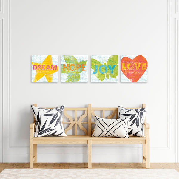 Quadri Stampa su Tela con Telaio in Legno 4 pezzi Frasi positive, Love, Hope, Joy, Dream