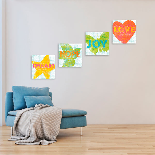 Quadri Stampa su Tela con Telaio in Legno 4 pezzi Frasi positive, Love, Hope, Joy, Dream