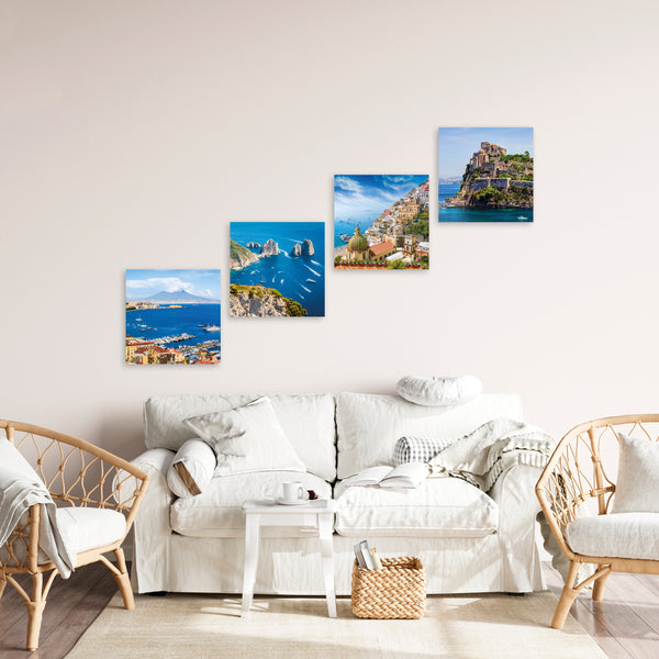 Quadri Stampa su Tela con Telaio in Legno 4 pezzi Napoli Vesuvio, Capri, Ischia, Positano