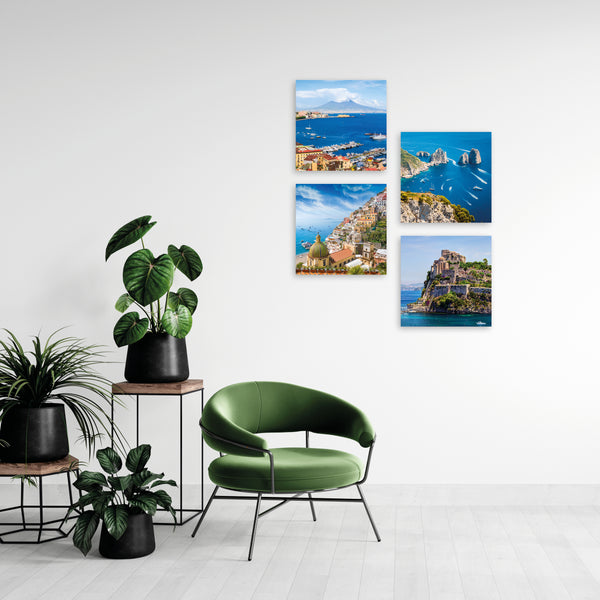 Quadri Stampa su Tela con Telaio in Legno 4 pezzi Napoli Vesuvio, Capri, Ischia, Positano