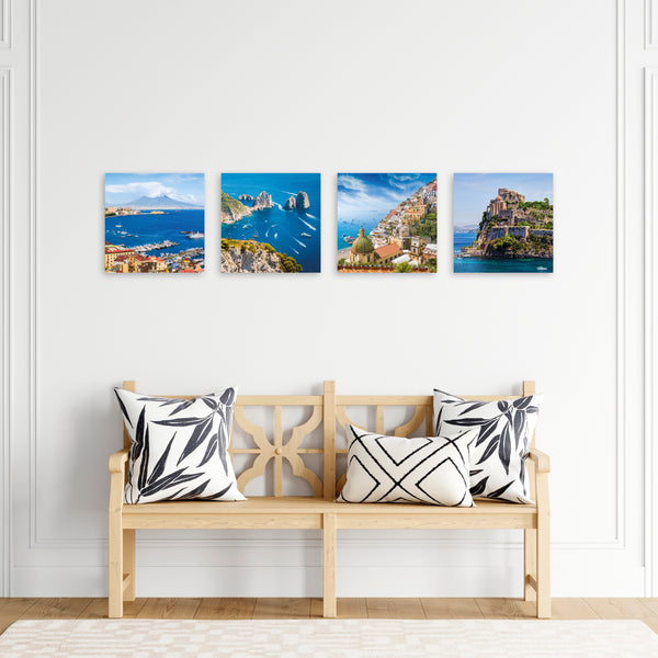 Quadri Stampa su Tela con Telaio in Legno 4 pezzi Napoli Vesuvio, Capri, Ischia, Positano