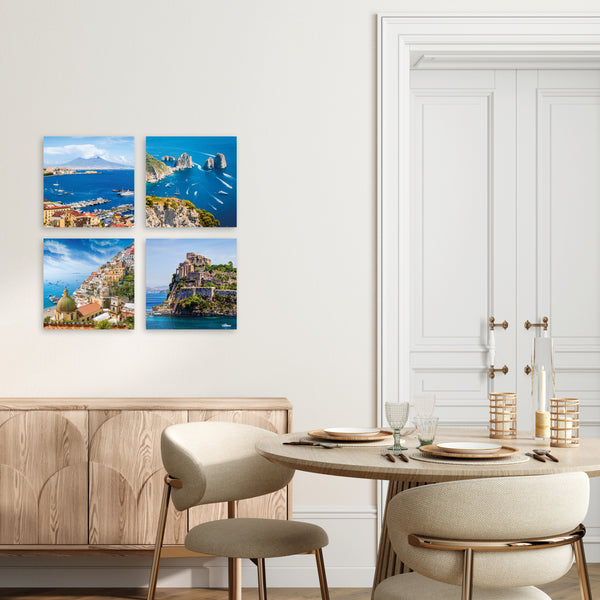 Quadri Stampa su Tela con Telaio in Legno 4 pezzi Napoli Vesuvio, Capri, Ischia, Positano