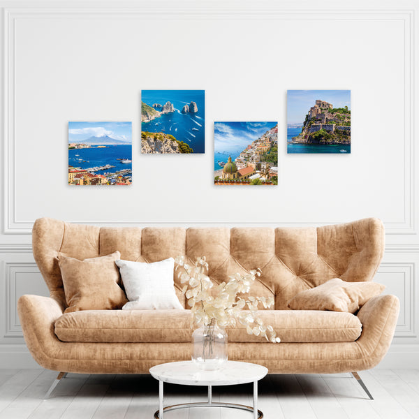 Quadri Stampa su Tela con Telaio in Legno 4 pezzi Napoli Vesuvio, Capri, Ischia, Positano