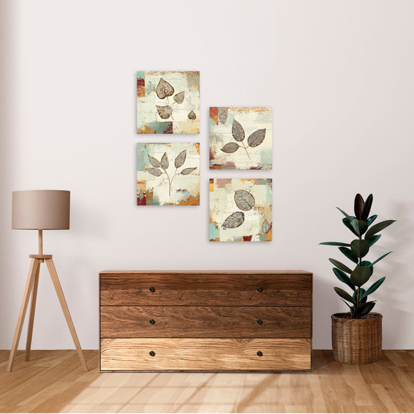 Quadri Stampa su Tela con Telaio in Legno 4 pezzi Foglie in stile minimal