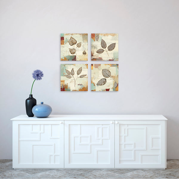 Quadri Stampa su Tela con Telaio in Legno 4 pezzi Foglie in stile minimal