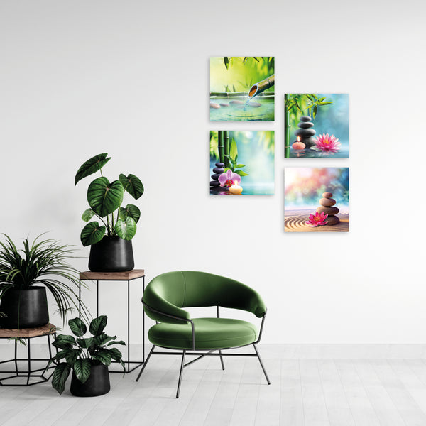 Quadri Stampa su Tela con Telaio in Legno 4 pezzi Giardino con pietre e fiori Zen