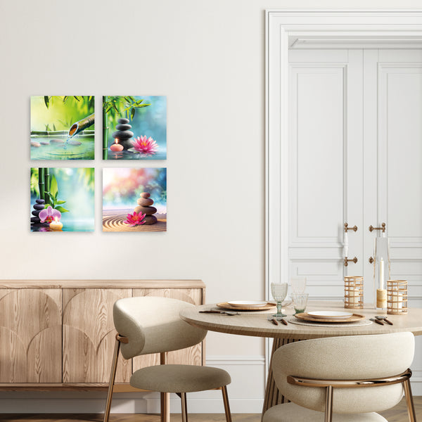 Quadri Stampa su Tela con Telaio in Legno 4 pezzi Giardino con pietre e fiori Zen
