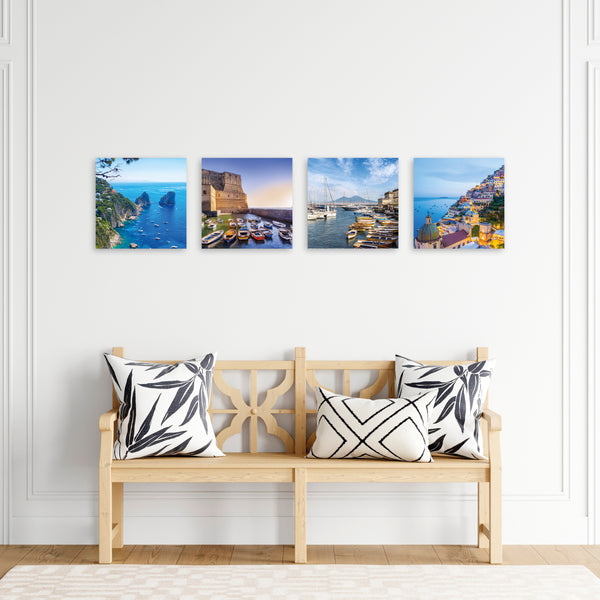 Quadri Stampa su Tela con Telaio in Legno 4 pezzi Panorama Napoli, Costiera Amalfitana, Capri