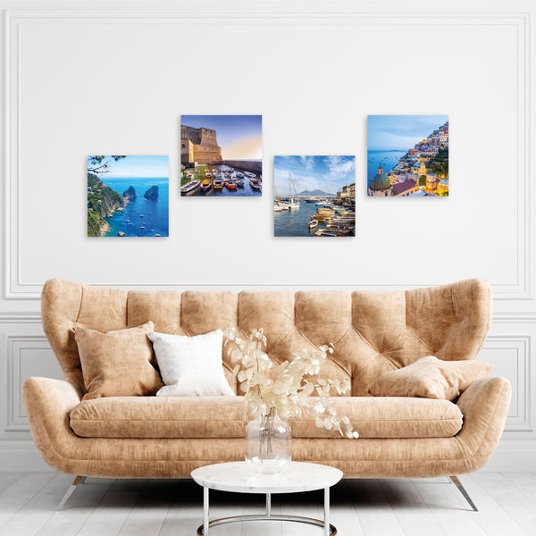 Quadri Stampa su Tela con Telaio in Legno 4 pezzi Panorama Napoli, Costiera Amalfitana, Capri
