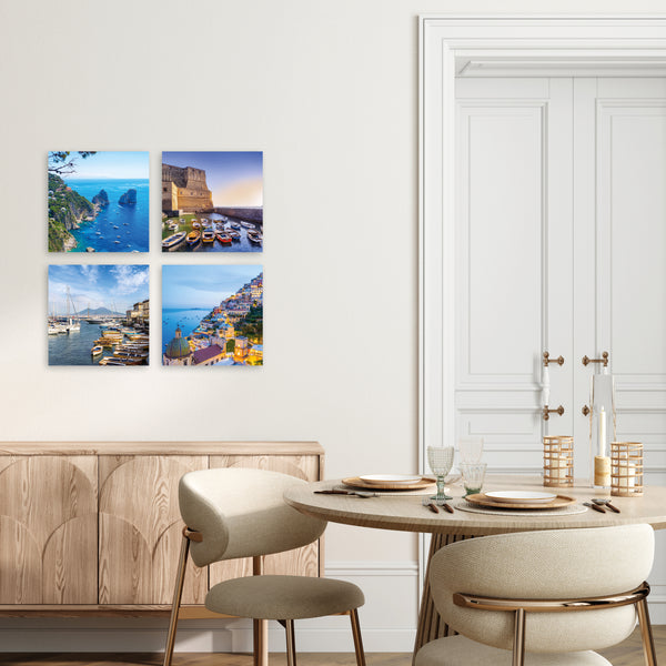 Quadri Stampa su Tela con Telaio in Legno 4 pezzi Panorama Napoli, Costiera Amalfitana, Capri