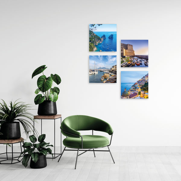 Quadri Stampa su Tela con Telaio in Legno 4 pezzi Panorama Napoli, Costiera Amalfitana, Capri