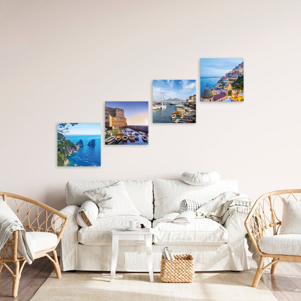 Quadri Stampa su Tela con Telaio in Legno 4 pezzi Panorama Napoli, Costiera Amalfitana, Capri