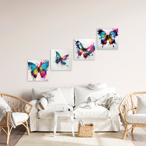 Quadri Stampa su Tela con Telaio in Legno 4 pezzi Giardino con Farfalle astratte colorate