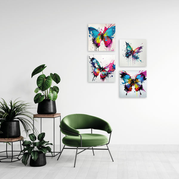 Quadri Stampa su Tela con Telaio in Legno 4 pezzi Giardino con Farfalle astratte colorate