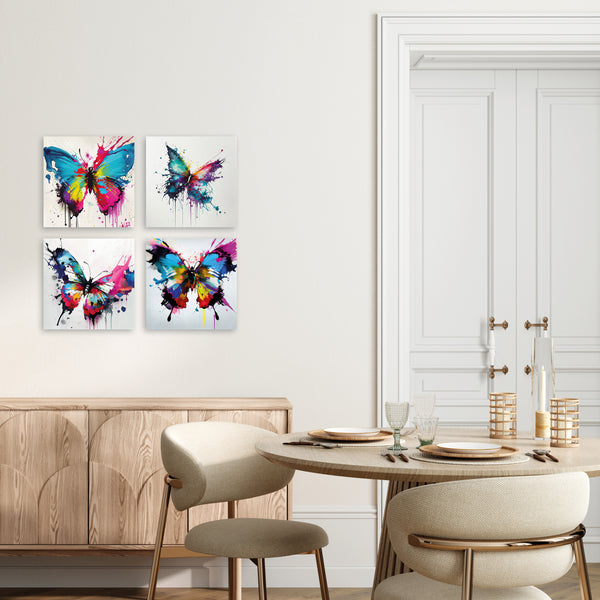 Quadri Stampa su Tela con Telaio in Legno 4 pezzi Giardino con Farfalle astratte colorate