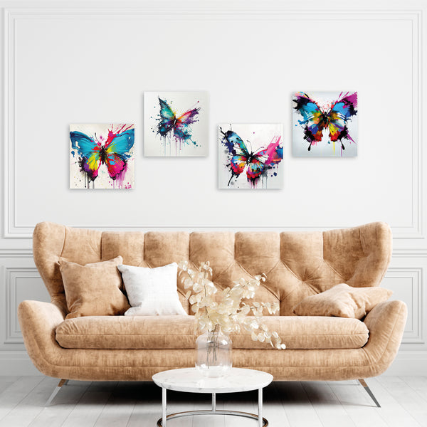 Quadri Stampa su Tela con Telaio in Legno 4 pezzi Giardino con Farfalle astratte colorate