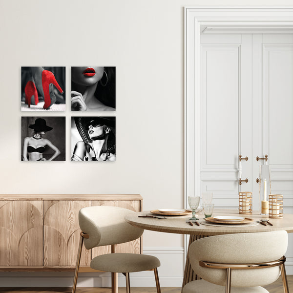 Quadri Stampa su Tela con Telaio in Legno 4 pezzi Donna in bianco e nero