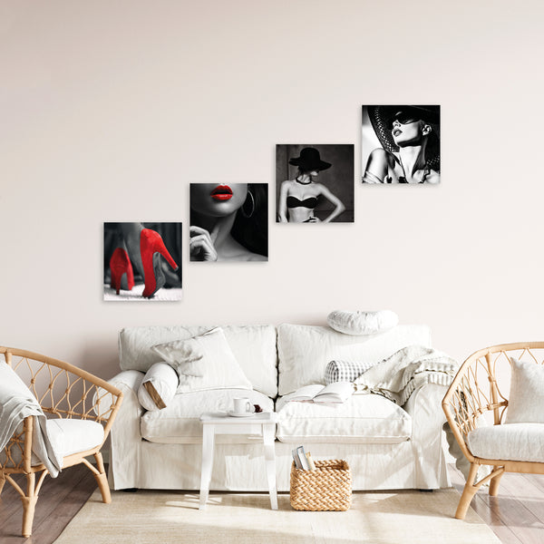 Quadri Stampa su Tela con Telaio in Legno 4 pezzi Donna in bianco e nero