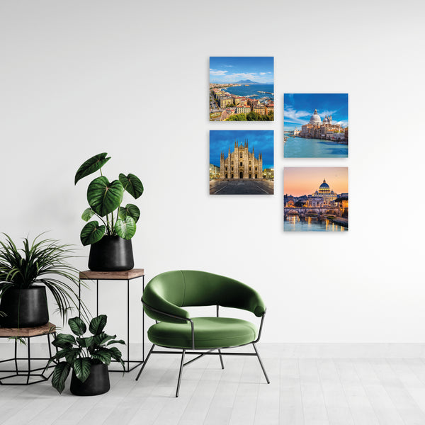 Quadri Stampa su Tela con Telaio in Legno 4 pezzi Città Italiane: Napoli, Venezia, Milano, Roma