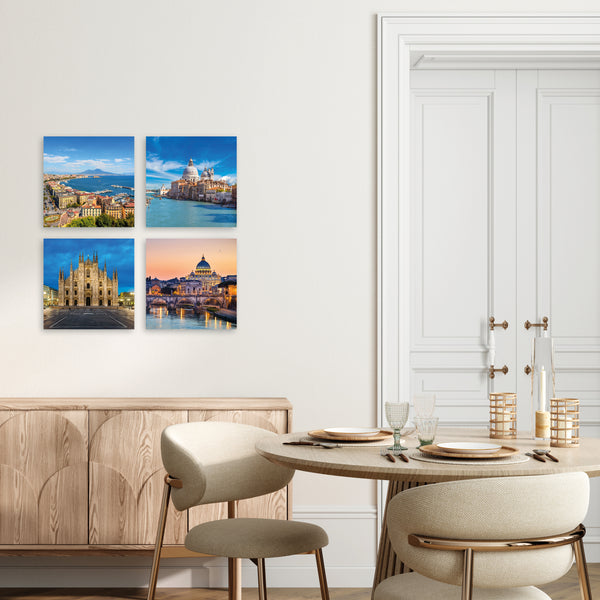 Quadri Stampa su Tela con Telaio in Legno 4 pezzi Città Italiane: Napoli, Venezia, Milano, Roma