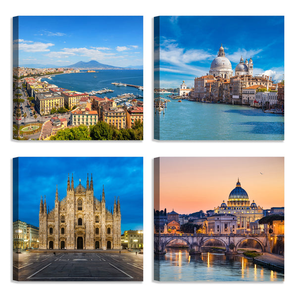 Quadri Stampa su Tela con Telaio in Legno 4 pezzi Città Italiane: Napoli, Venezia, Milano, Roma
