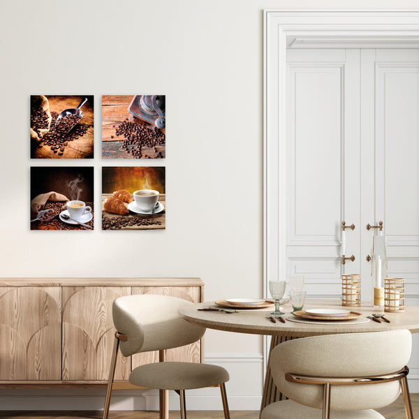 Quadri Stampa su Tela con Telaio in Legno 4 pezzi Chicchi e tazzine di caffè