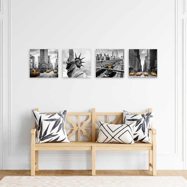 Quadri Stampa su Tela con Telaio in Legno 4 pezzi New York in bianco e nero